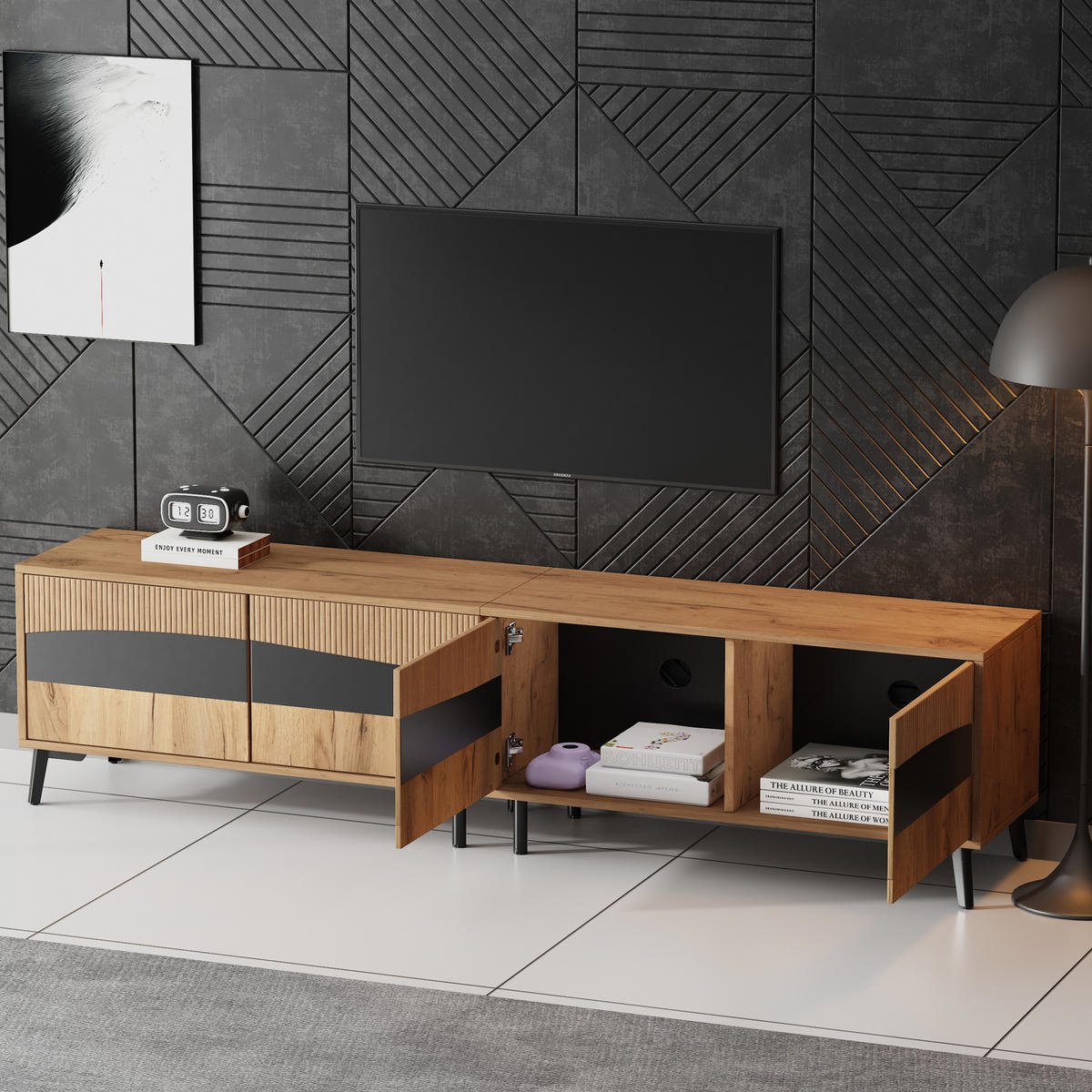 TV STOLEK v přírodní a černé barvě se 4 skříňkami, do obývacího pokoje, 180 × 40 × 50 cm - přírodní/černá, kompozitní dřevo (180/50/40cm) - STILVORA