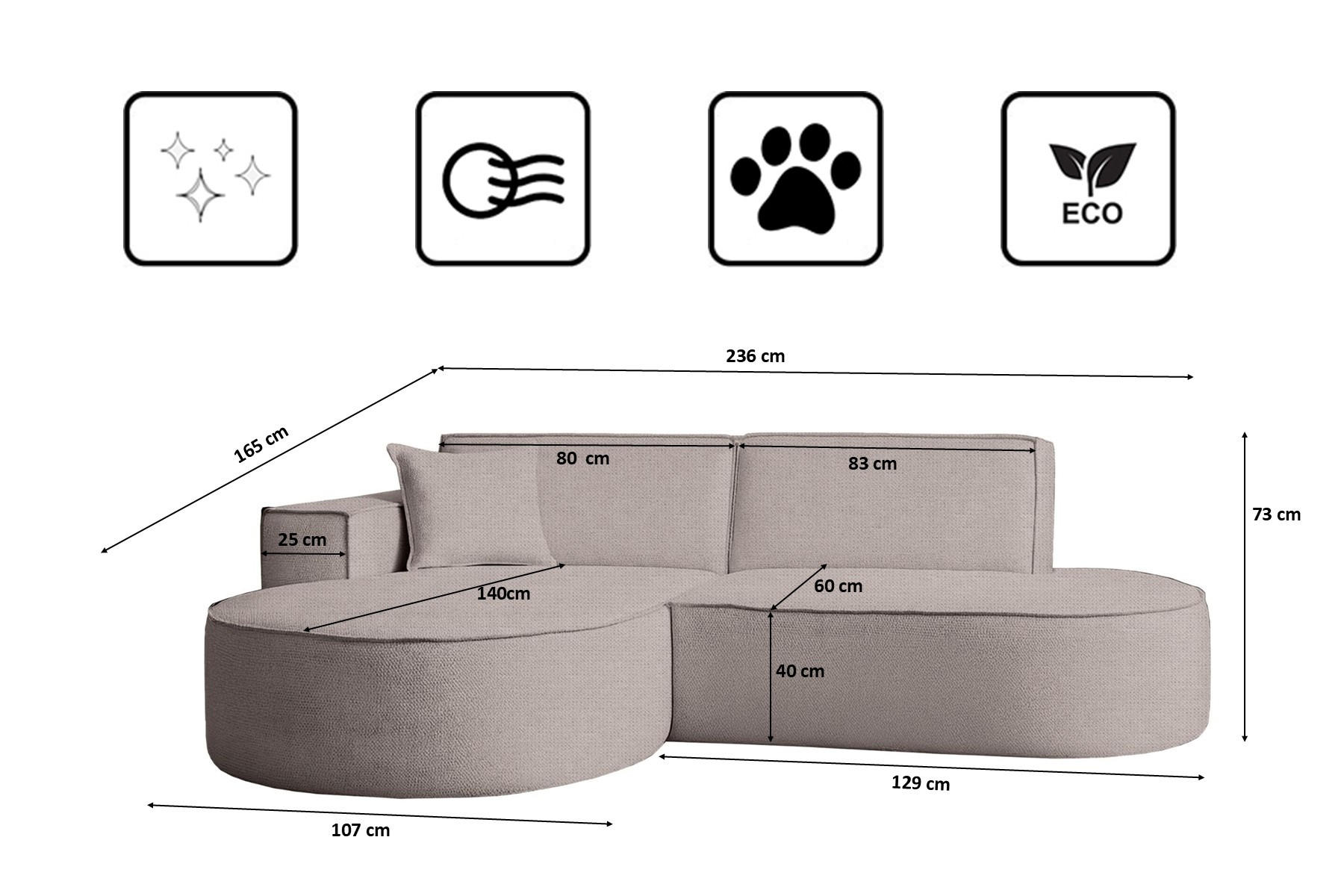 Thumbnail - Kaiser Möbel Ecksofa, Beige, Holz, 3-Sitzer, Ottomane links,L-Form, 236x165 cm, Wohnzimmer, Sofas & Couches, Wohnlandsch...
