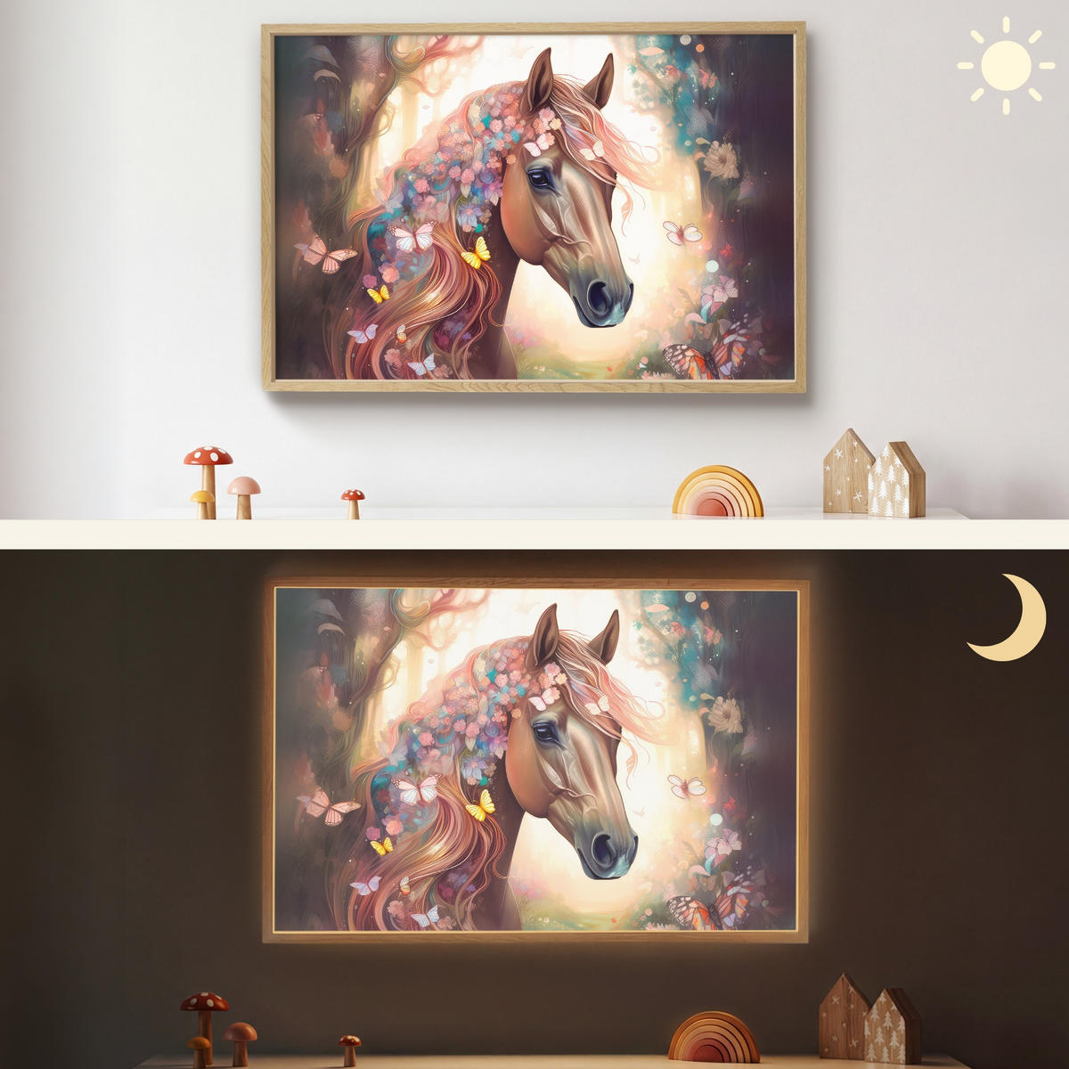 NÁSTĚNNÁ LAMPA S AKUMULÁTOREM Kůň - Příroda - Květiny - Motýli - Les 90x60 cm - tmavě hnědá, kompozitní dřevo (90/60/8cm) - OnlyWow