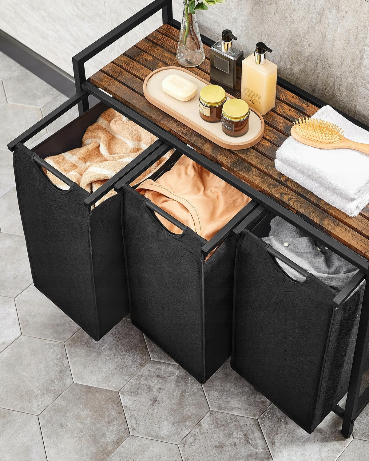 WÄSCHEKORB mit 3 Fächern – rustikaler Braunton/Schwarz - Schwarz/Braun, Holz/Textil (92.5/71/33cm) - VASAGLE