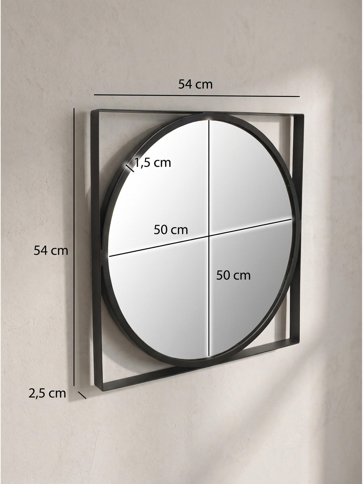 WANDSPIEGEL Rund Metall Schwarz 54x54 cm Quadratischer Rahmen - Schwarz, Glas (54/54/3cm) - KADIMA DESIGN