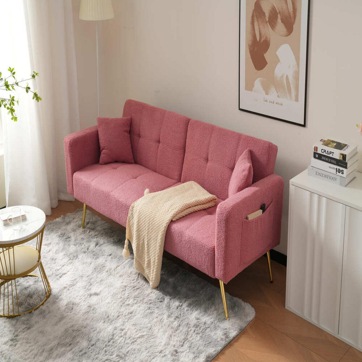 SOFA Schlaffunktion Verstellbar Goldene Beine Aufbewahrungstaschen Kissen - Pink, Holz (90.93/18.42/80.26cm) - FLIEKS