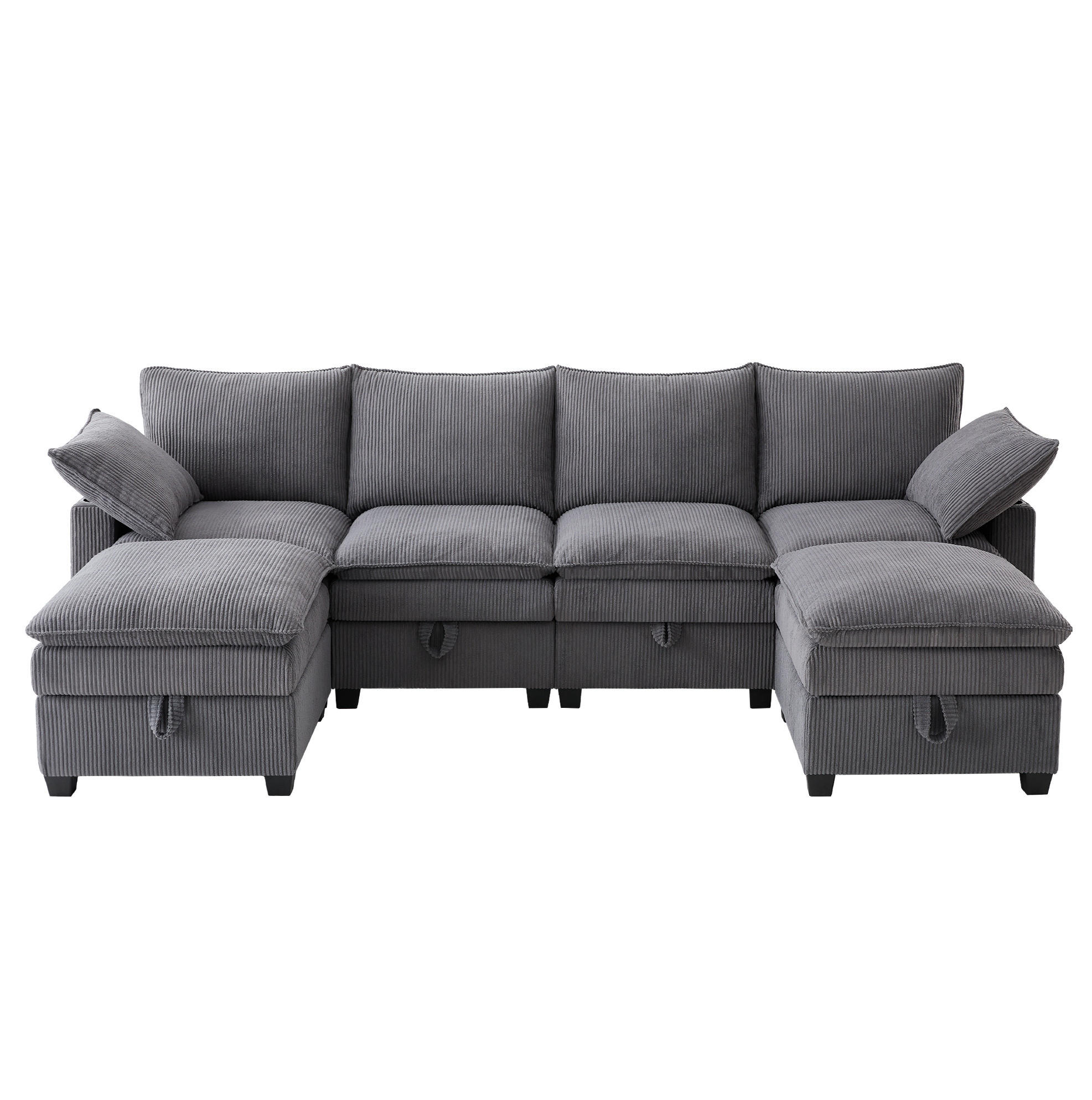 Redom MODULÁRNÍ rohová pohovka 280/151/82 cm s USB, úložným prostorem a 2 taburety, manšestr, Šedá