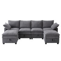 MODULÁRNÍ rohová pohovka 280/151/82 cm s USB, úložným prostorem a 2 taburety, manšestr, Šedá - šedá, textil/plast (82/280/151cm) - Redom