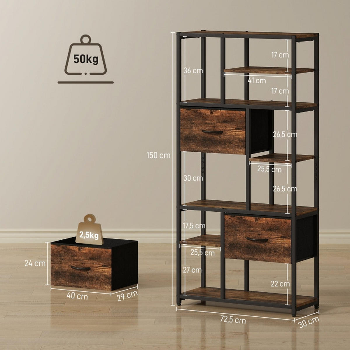 BÜCHERREGAL 72,5/30/150 cm mit 9 offenen Fächern und 2 Stoffschubladen - Braun, Holzwerkstoff (72.5/150/30cm) - BEAOK