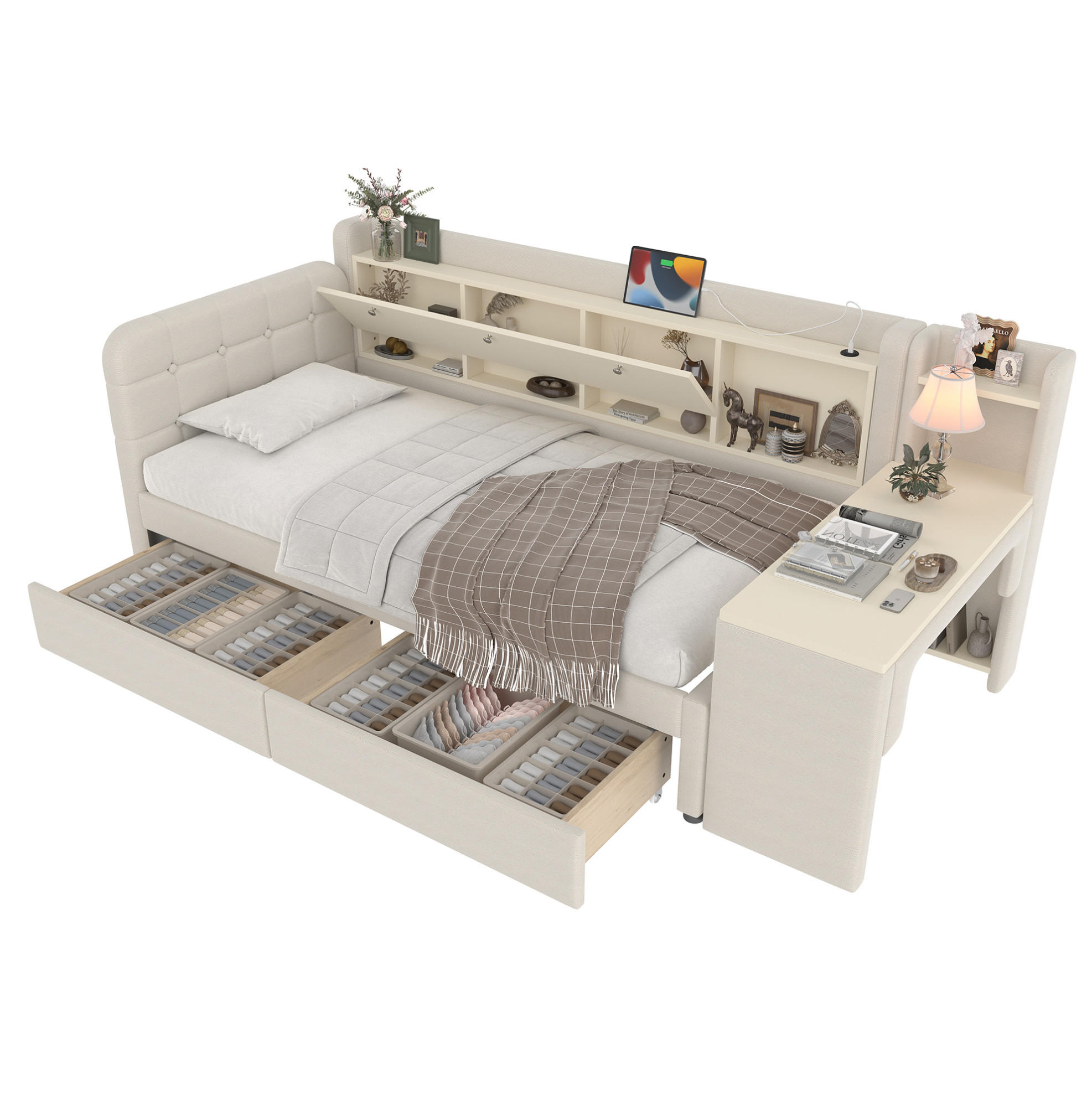 POLSTERBETT 90/200 cm mit Schreibtisch, 2 Schubladen und USB/Typ-C - Beige, Textil (90/200cm) - BEAOK