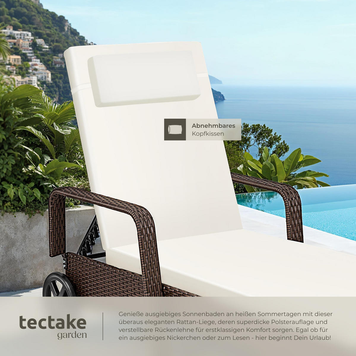 RATTAN-SONNENLIEGE, 200 x 70 x 33 cm, braun gemischt - Braun, Kunststoff (70/33/200cm) - tectake