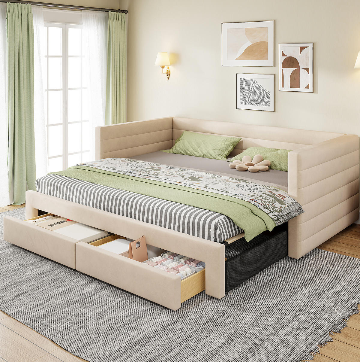 ČALÚNENÁ posteľ 90/190 cm béžová rozkladacia na jednolôžko aj dvojlôžko z bavlny a ľanu - béžová, textil (90/190cm) - OKWISH