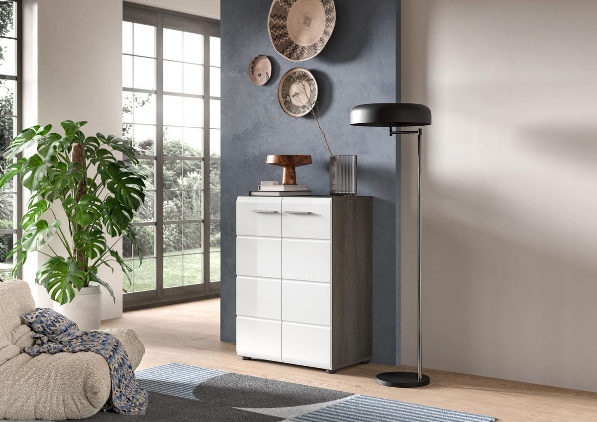 KOMMODE SALSA (B/H/T: ca. 60/85/37 cm) in Rauchsilber Nachbildung/weiß hochglanz - Silberfarben, Holzwerkstoff (60/85/37cm)