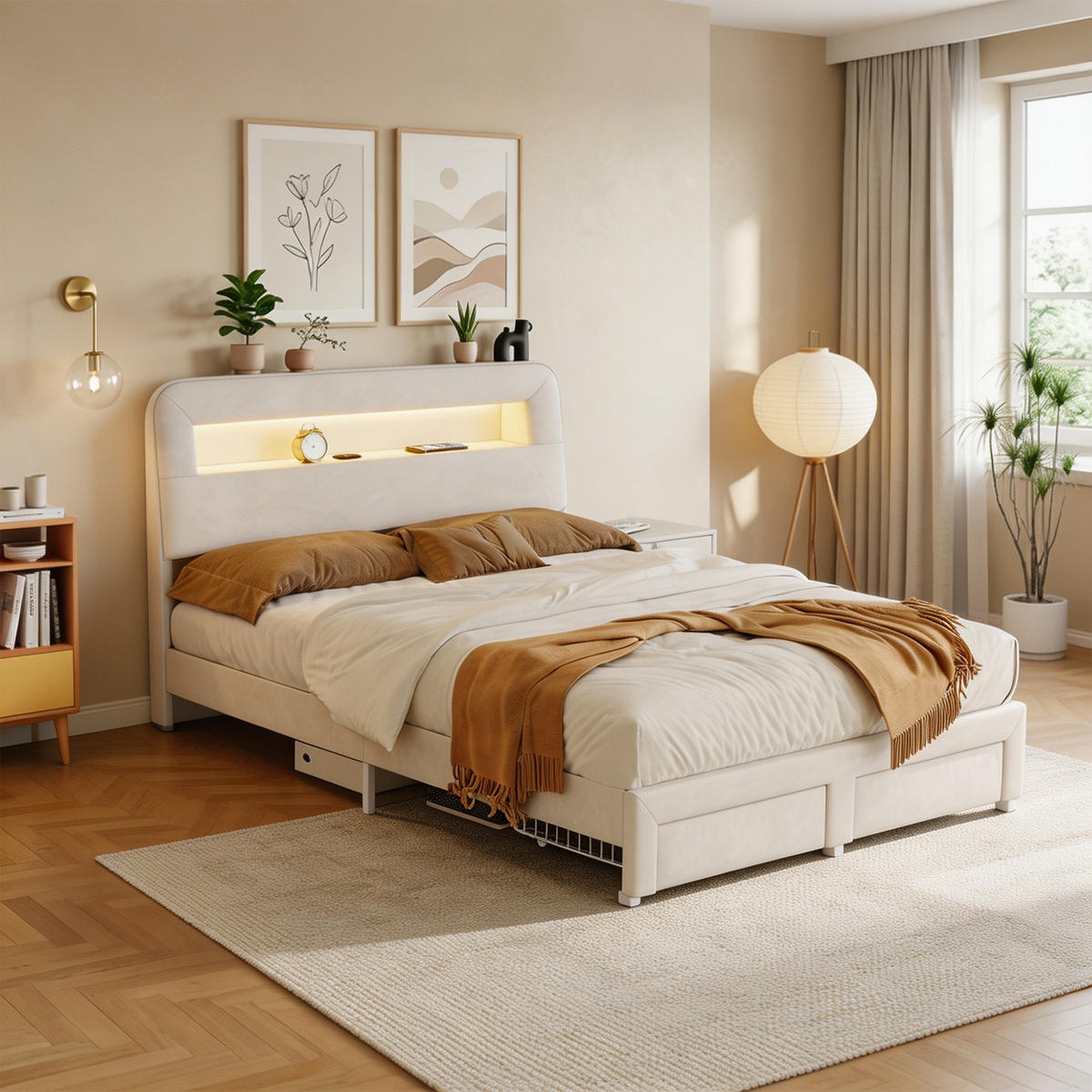 POLSTERBETT 160x200 cm, USB und LED, mit 2 Schubladen, Doppelbettrahmen 160x200 cm, Samt in Cremeweiß - Beige, Holzwerkstoff/Textil (160/200cm) - GENKI LIVING
