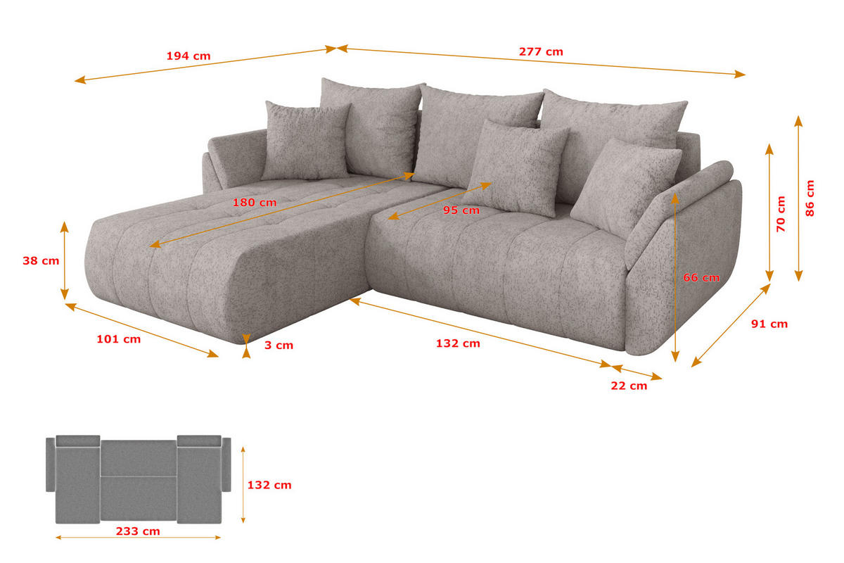 ROHOVÁ SEDAČKA s funkcí spaní, otoman vlevo TOKO-L 277x194x86 světle šedá velur - černá/světle šedá, kompozitní dřevo/textil (277/194cm) - ALTDECOR