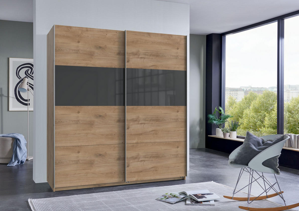 SCHWEBETÜRENSCHRANK Bramfeld in Plankeneiche Grey Glas 180 x 198 x 65 cm (B x H x T) Kleiderschrank - Silberfarben/Braun, Holzwerkstoff (180/198/65cm)