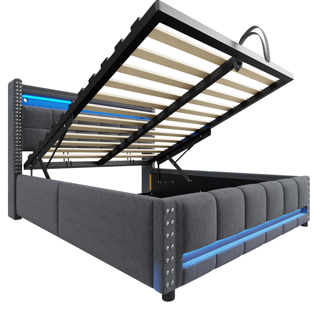 POLSTERBETT 160/200 cm Grau mit LED-Beleuchtung und USB-Steckdose - Grau, Textil (160/200cm) - OKWISH