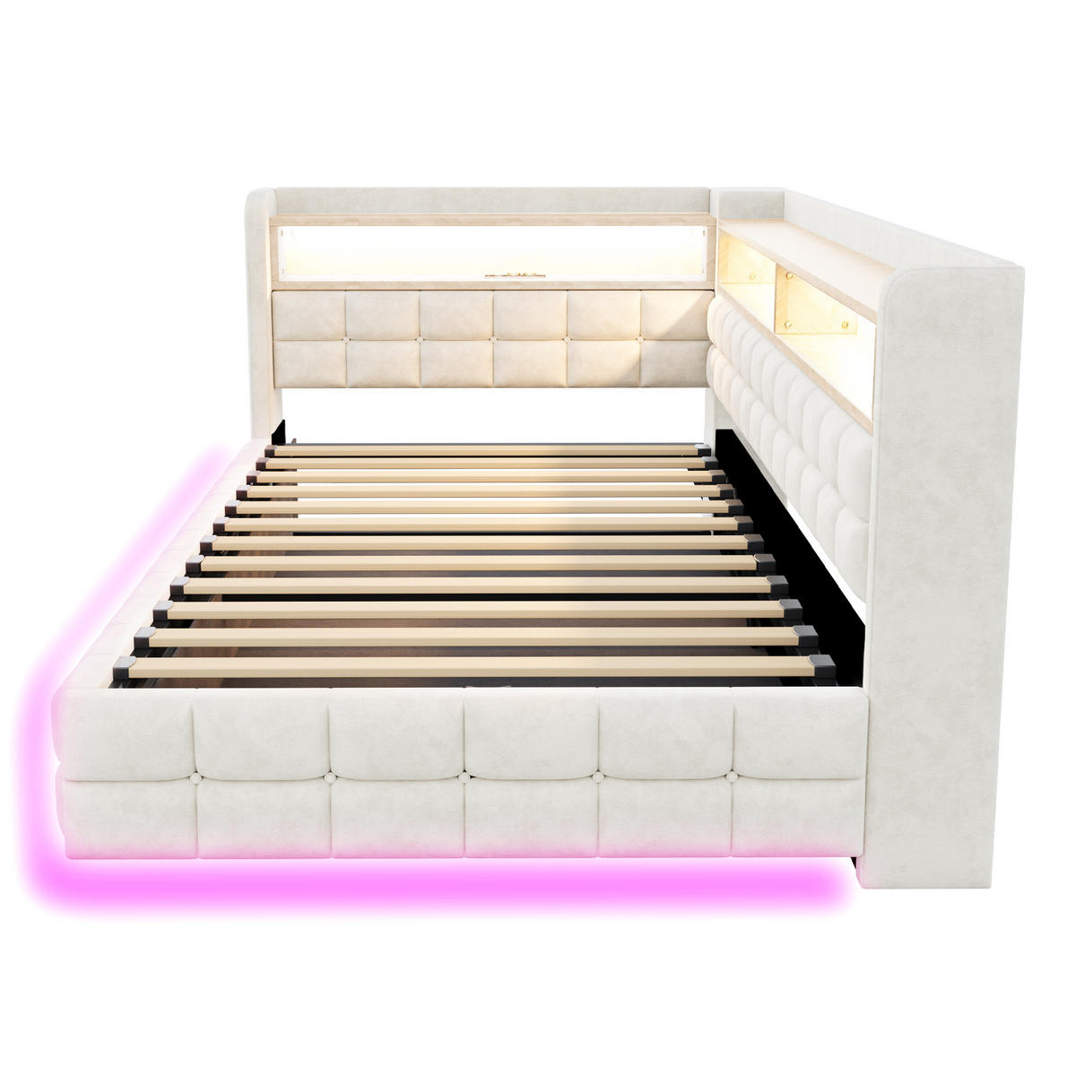 SCHLAFSOFA 90/200 cm in Beige Samt mit Bettkasten, Regal, LED und USB - Beige, Holzwerkstoff/Textil (90/200cm) - WISHDOR