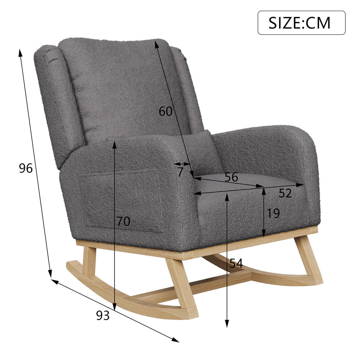 SCHAUKELSTUHL Plüsch Lendenstütze Taschen Holzfüße grau - Grau, Holz (52/96/93cm) - LEBENLANG