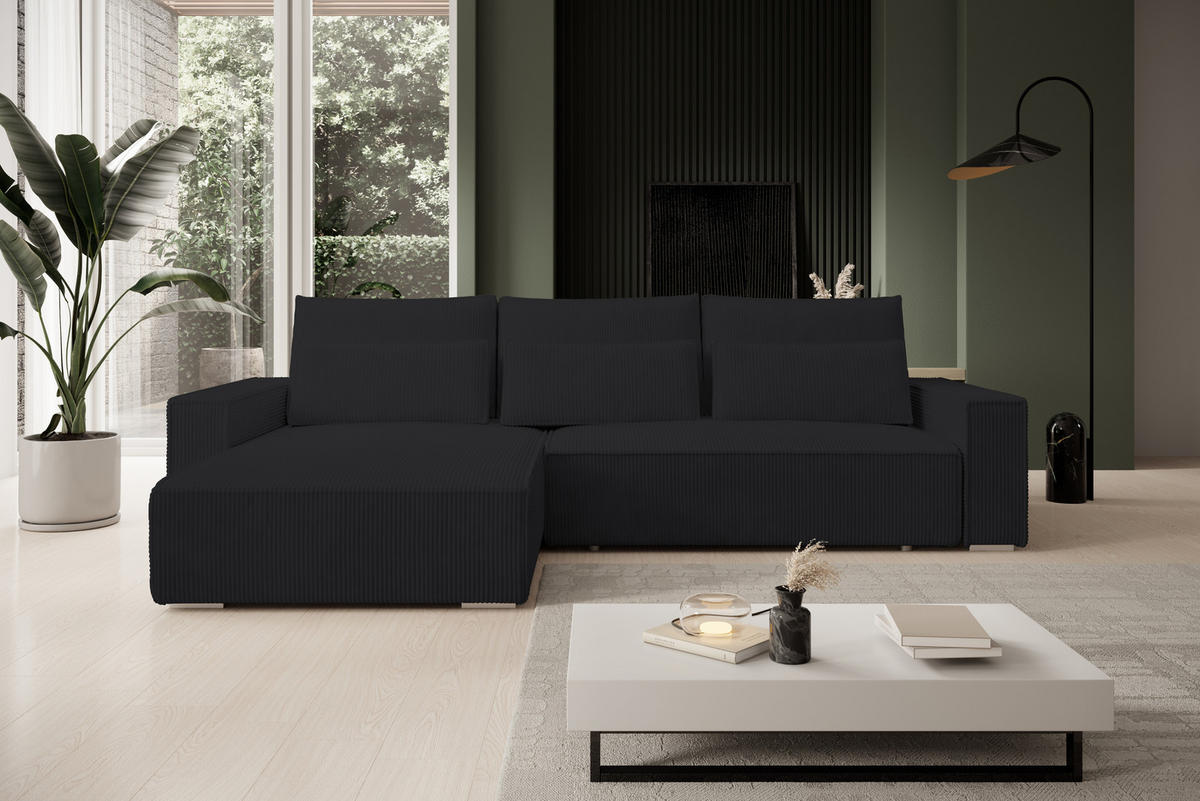 ECKSOFA Alice mit Bettkasten und Schlaffunktion, Cordstoff in L-Form - Schwarz, Textil (289/184cm)