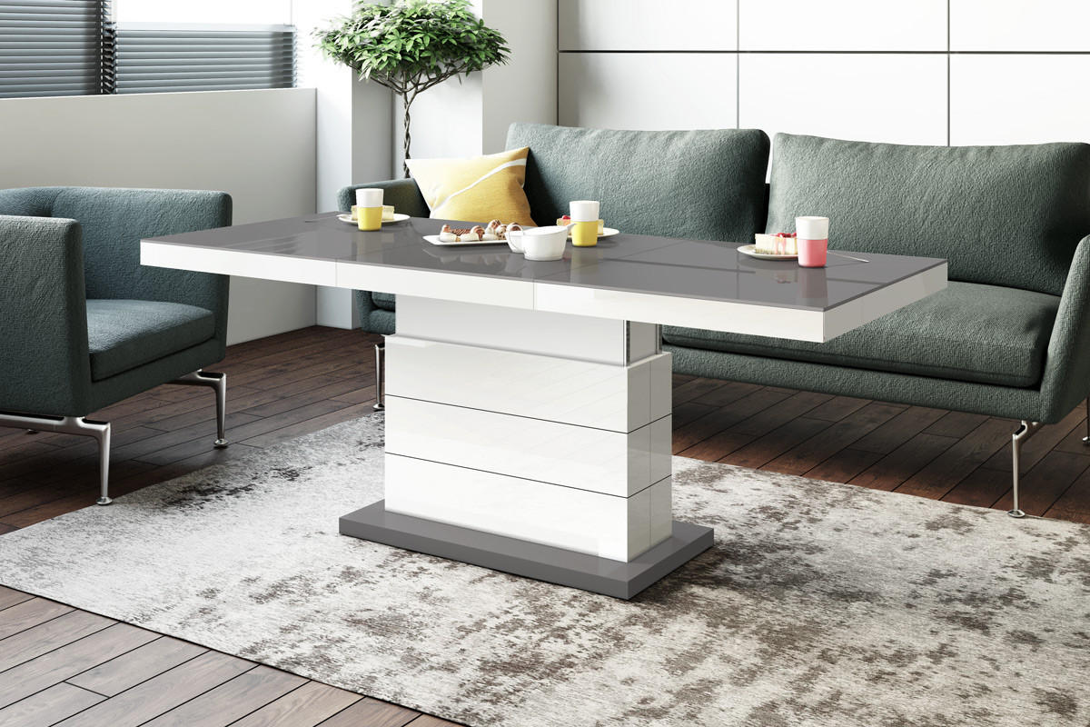 COUCHTISCH rechteckig Grau Weiß Hochglanz auziehbar höhenverstellbar 120/70/50 cm - Weiß Hochglanz/Grau, Holzwerkstoff (70/120/50cm)
