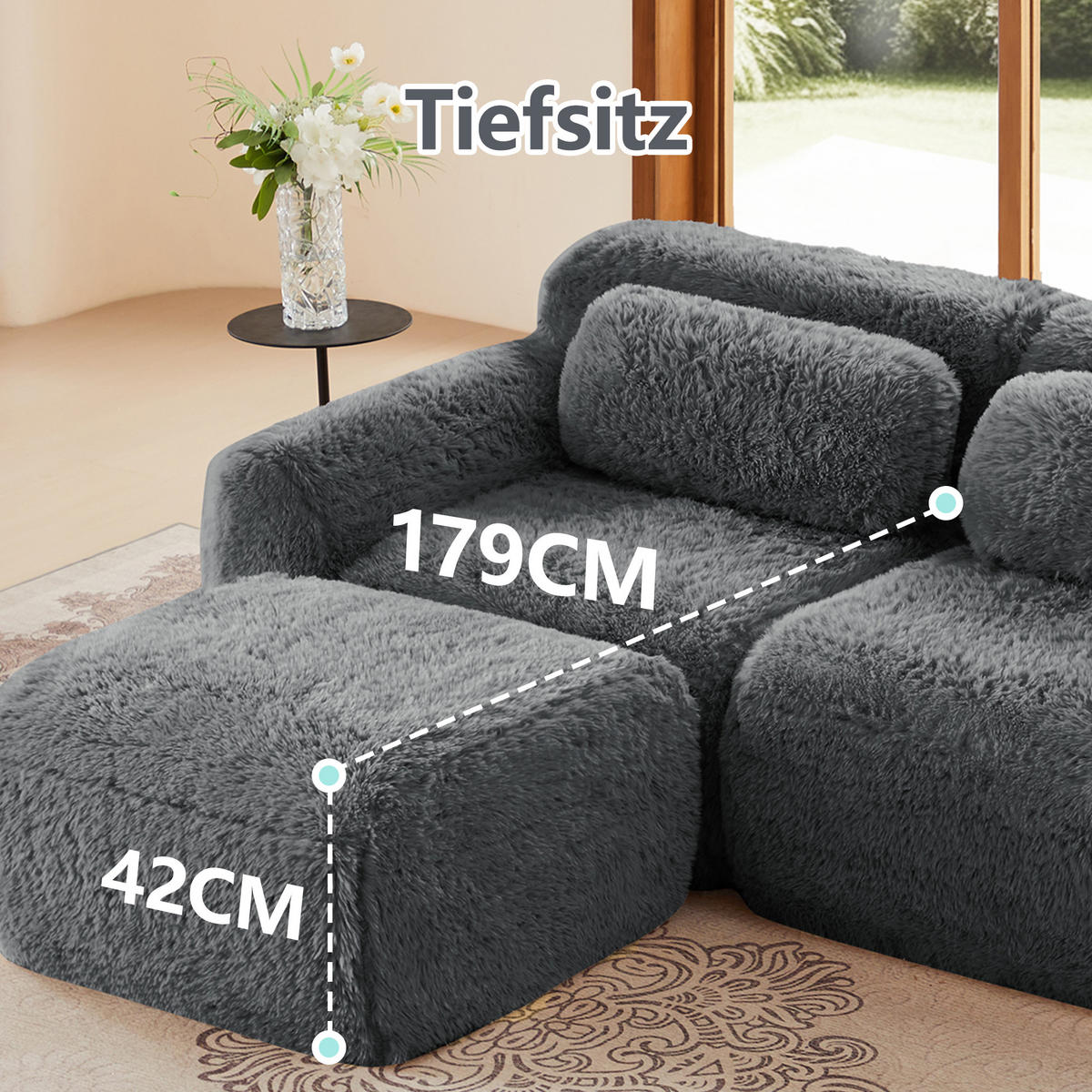 SCHLAFSOFA 3-Sitzer aus Plüschstoff mit 3 Hockern, Grau - Grau, Textil (291/73/179cm)