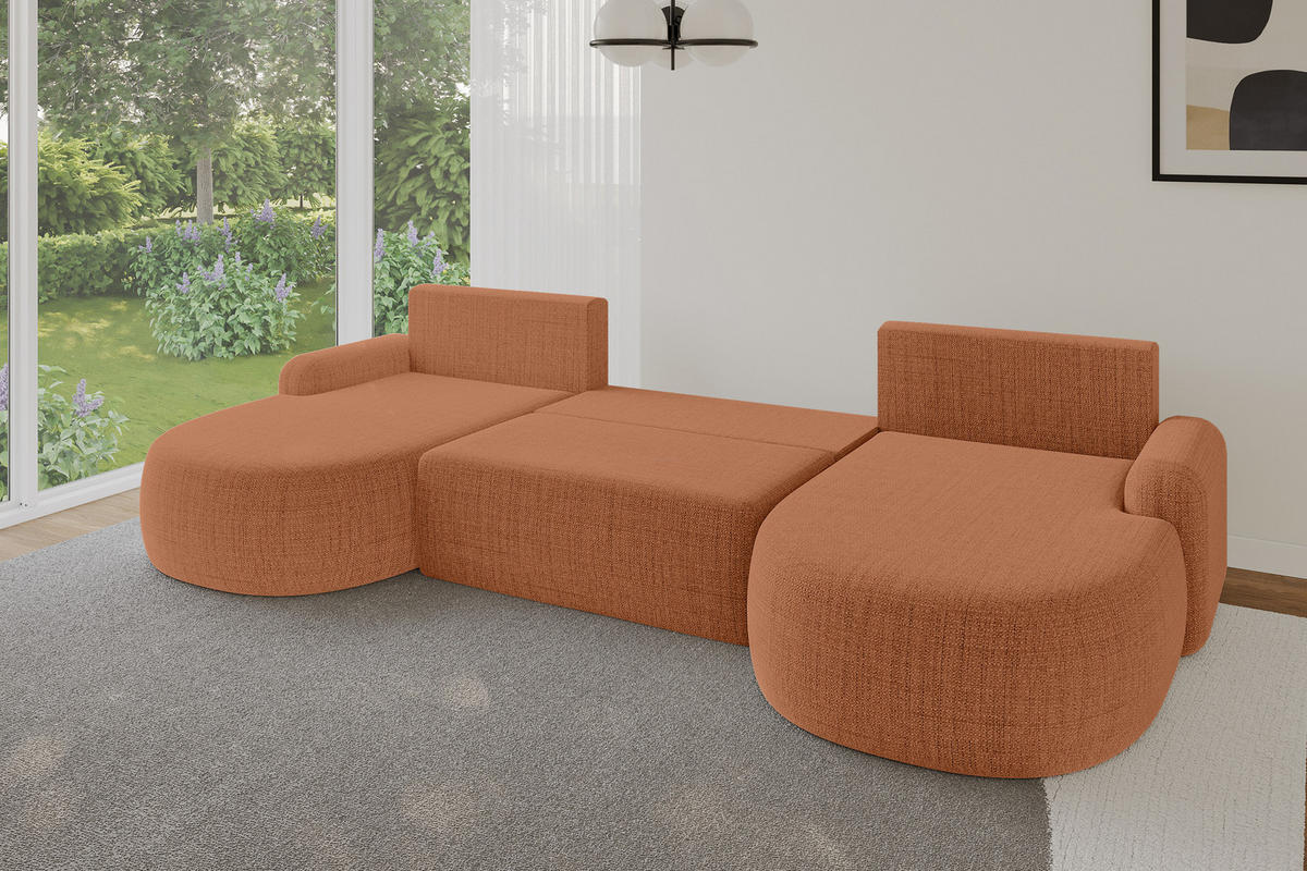 WOHNLANDSCHAFT mit Schlaffunktion und Bettkasten LIRA-U - 335x172x89 Apricot - Dunkelorange, Holzwerkstoff/Textil (335/89/172cm) - ALTDECOR