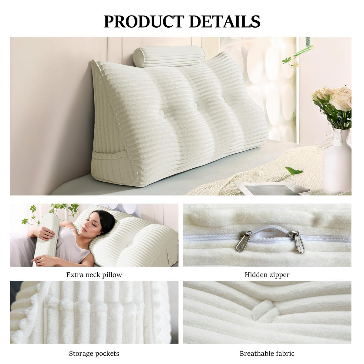 LESEKISSEN Keilkissen mit einem runden Kissen 2er-Set Gestreifter Samt Weiß 100cm - Weiß, Textil (20/100cm) - Vercart