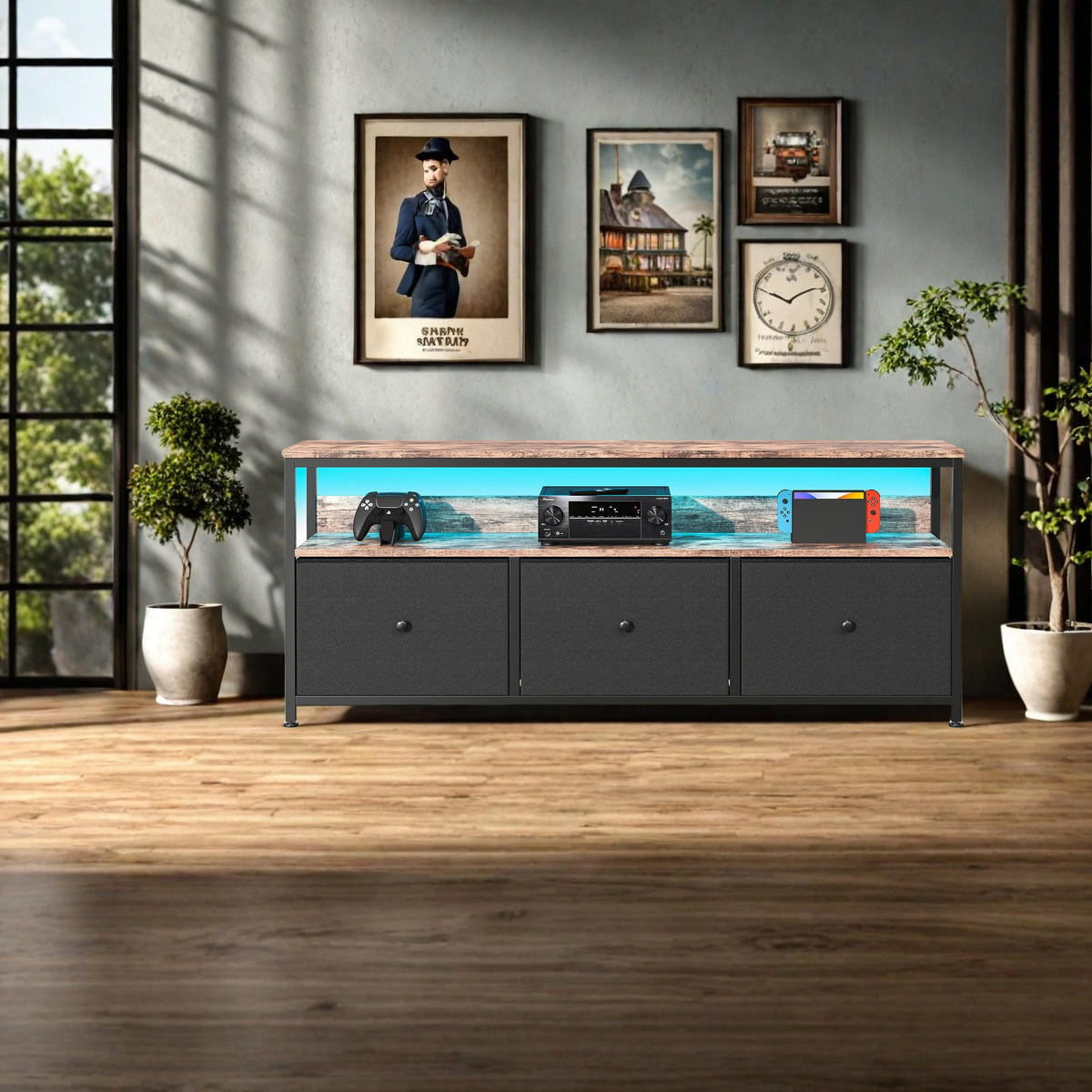 LED TV-TISCH 137cm schwarze PU Schubladen Retro Stil - Schwarz, Holzwerkstoff (29.8/57/137cm) - SHOPENTRA