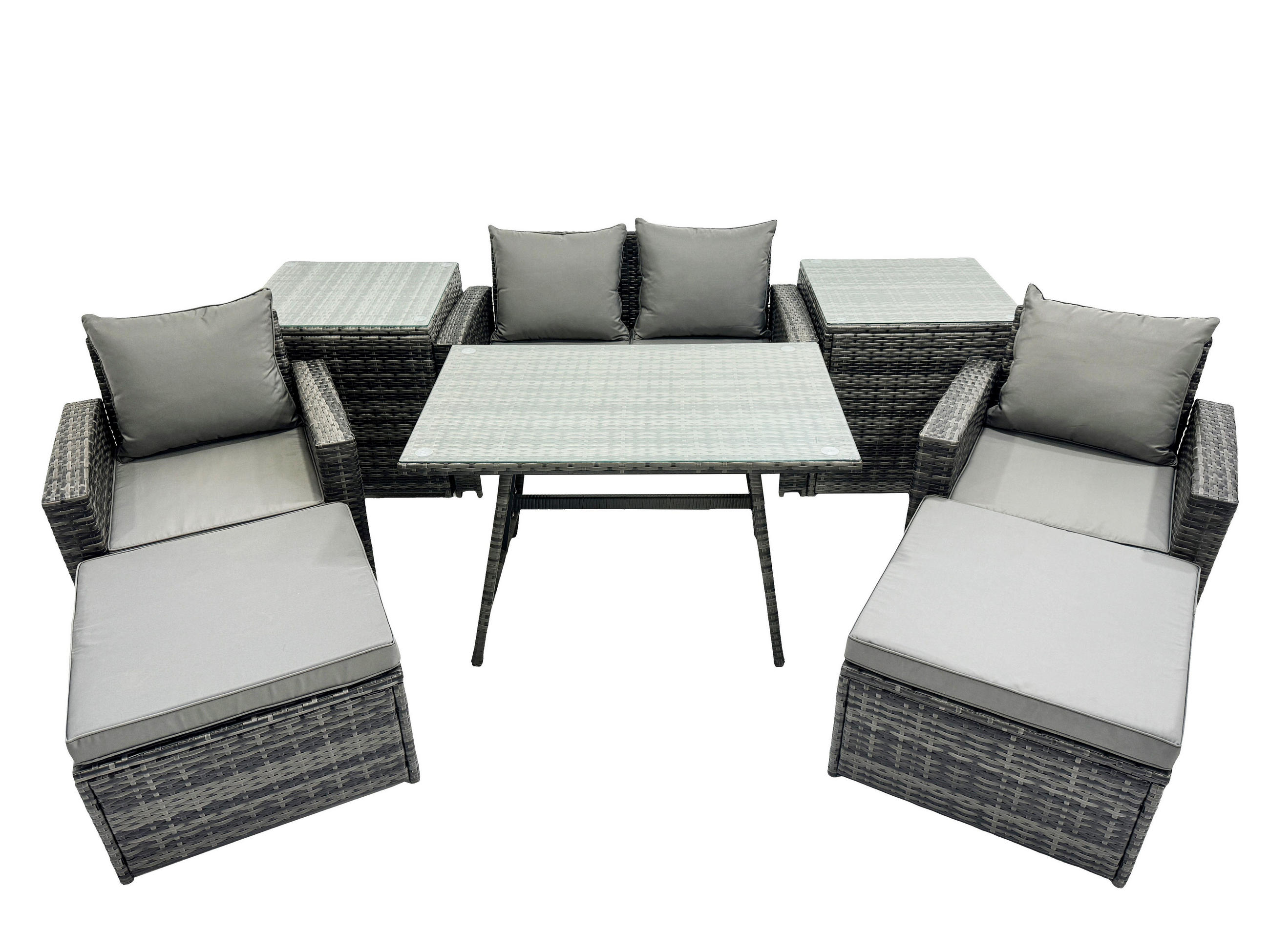 GARTENMÖBELSET mit ESSTISCH,HOCHLEHNER-SOFA Polyrattan Dunkelgrauer Mix 6-Sitzer - Dunkelgrau/Grau, Glas/Kunststoff - Fimous