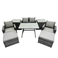 GARTENMÖBELSET mit ESSTISCH,HOCHLEHNER-SOFA Polyrattan Dunkelgrauer Mix 6-Sitzer - Dunkelgrau/Grau, Glas/Kunststoff - Fimous
