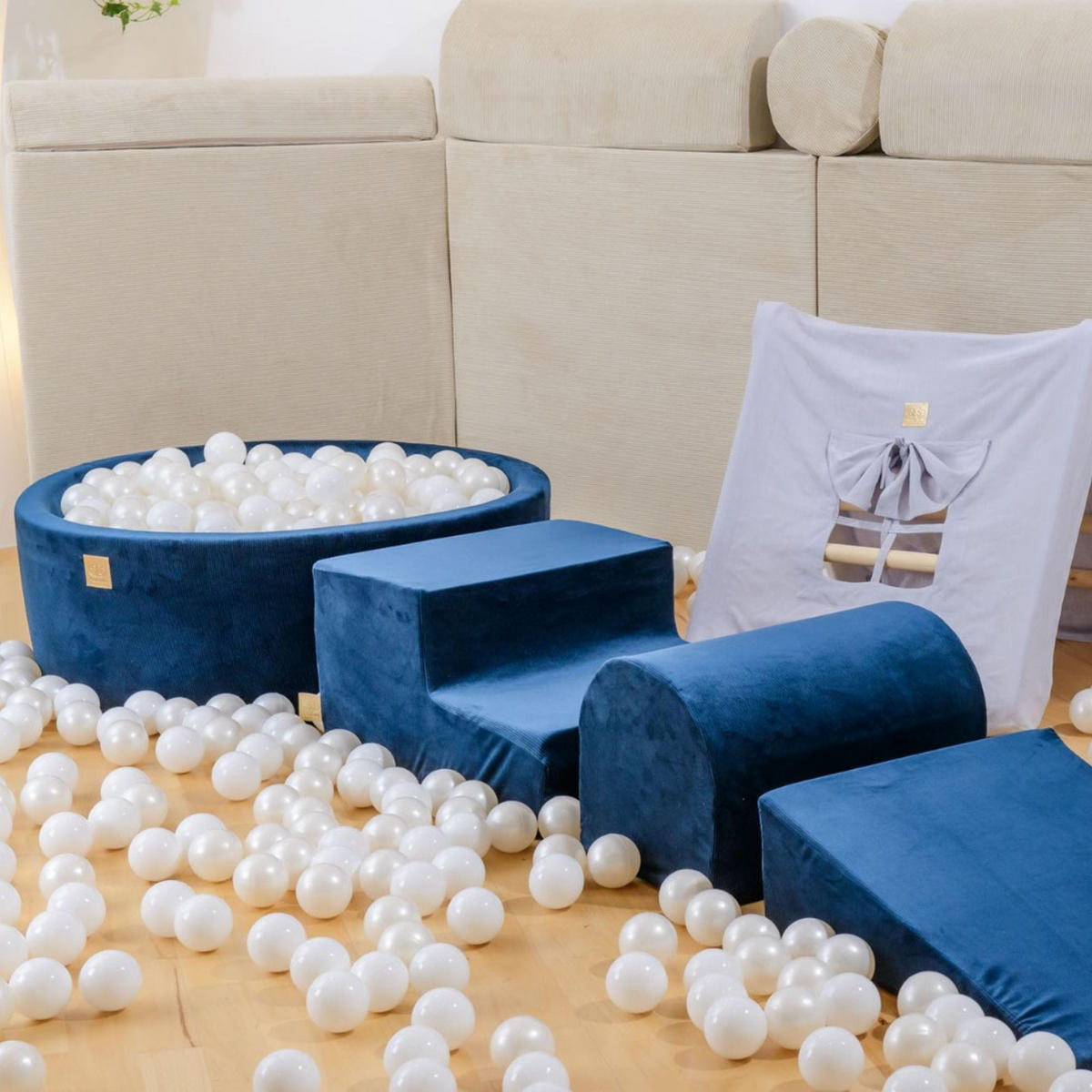 BÄLLEBAD mit Schaumstoff Bausteinen für Kinder, Samt, Ecru - Ecru/Transparent, Textil (230/45/30cm) - MeowBaby