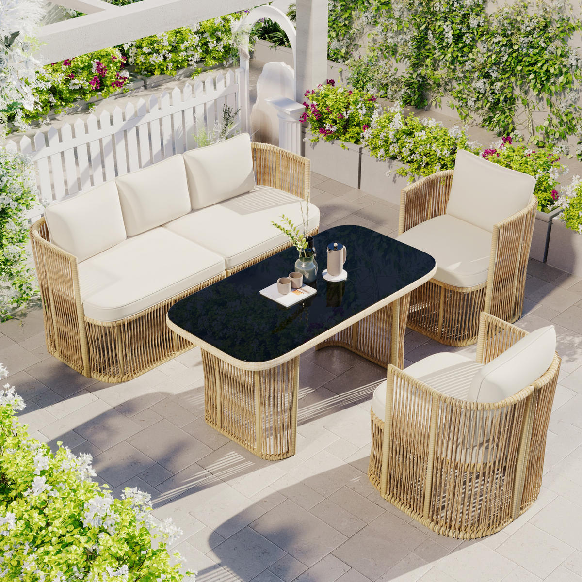 GARTENMÖBEL-SET 172,5/69/75 cm mit 3-Sitzer-Sofa, 2 Sesseln und Glastisch aus PE-Rattan, Beige/Schwarz/Weiß - Beige, Metall - Redom
