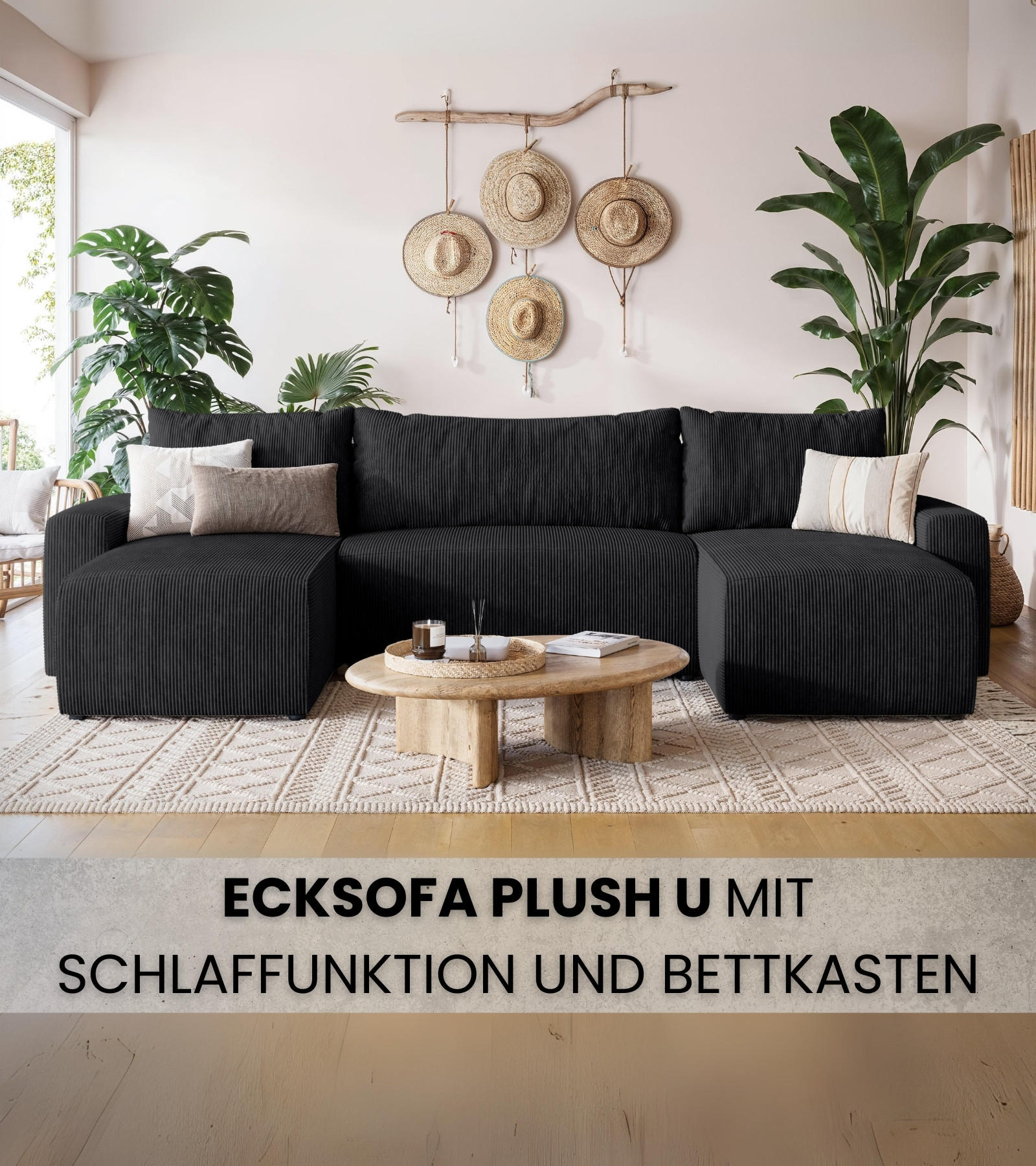 WOHNLANDSCHAFT Plush mit Schlaffunktion Schwarz Cord - Schwarz, Kunststoff/Textil (315/72/145cm) - Bromarkt