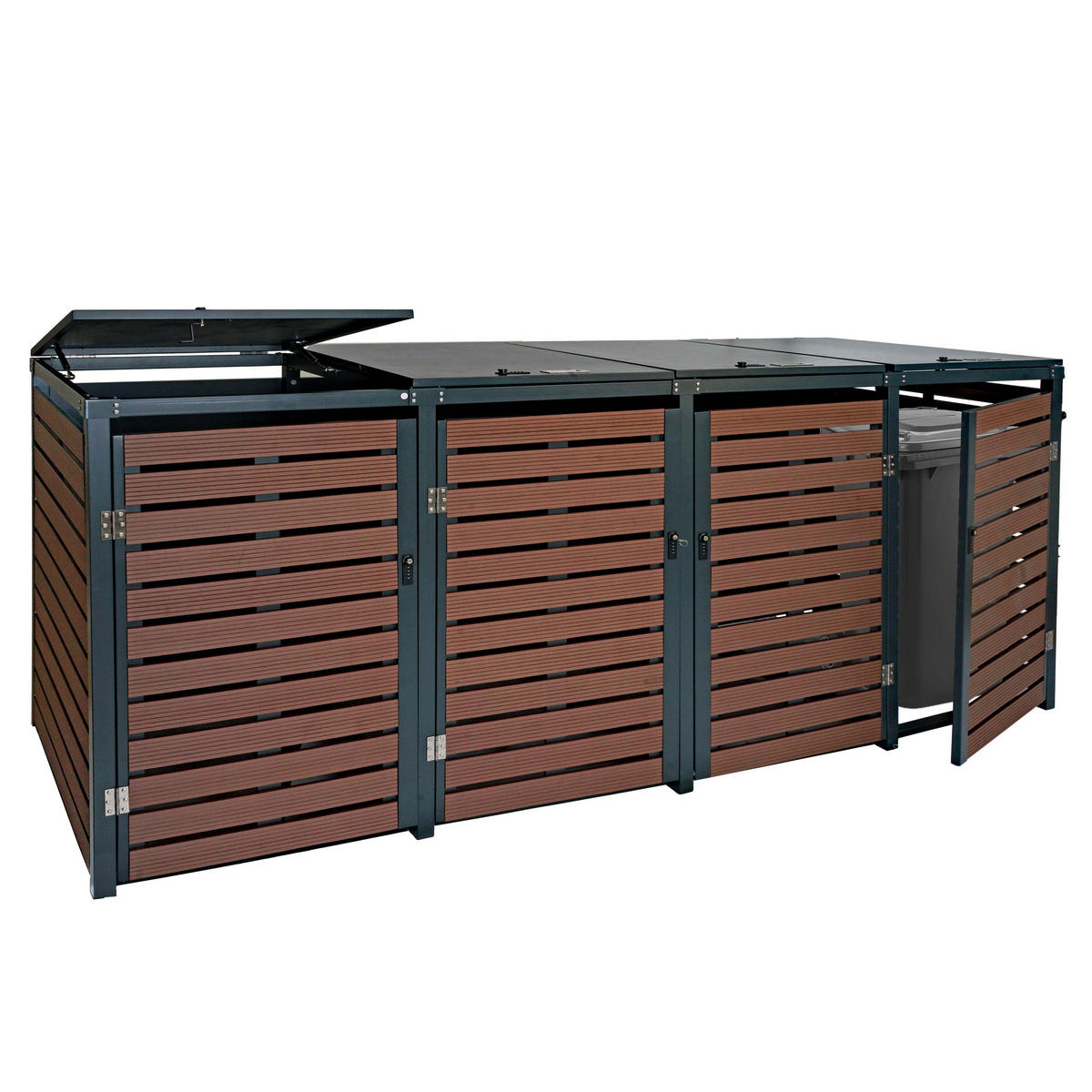 MÜLLTONNENBOX 4er HxBxT 119x264x84cm Walnuss-Holzoptik WPC Metall 130kg - Braun, Metall (264/119/84cm) - PROREGAL