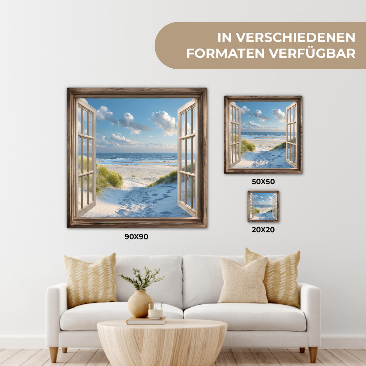 LEINWANDBILD Aussicht - Strand - Fenster - Dünen - Meer 90x90 cm - Hellblau, Textil (90/90cm) - MuchoWow