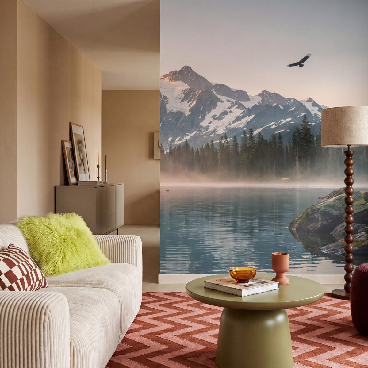 TAPETE - Berge - Wasser - Bäume - 200x260 cm - Multicolor, Papier (200/260cm) - OnlyWow
