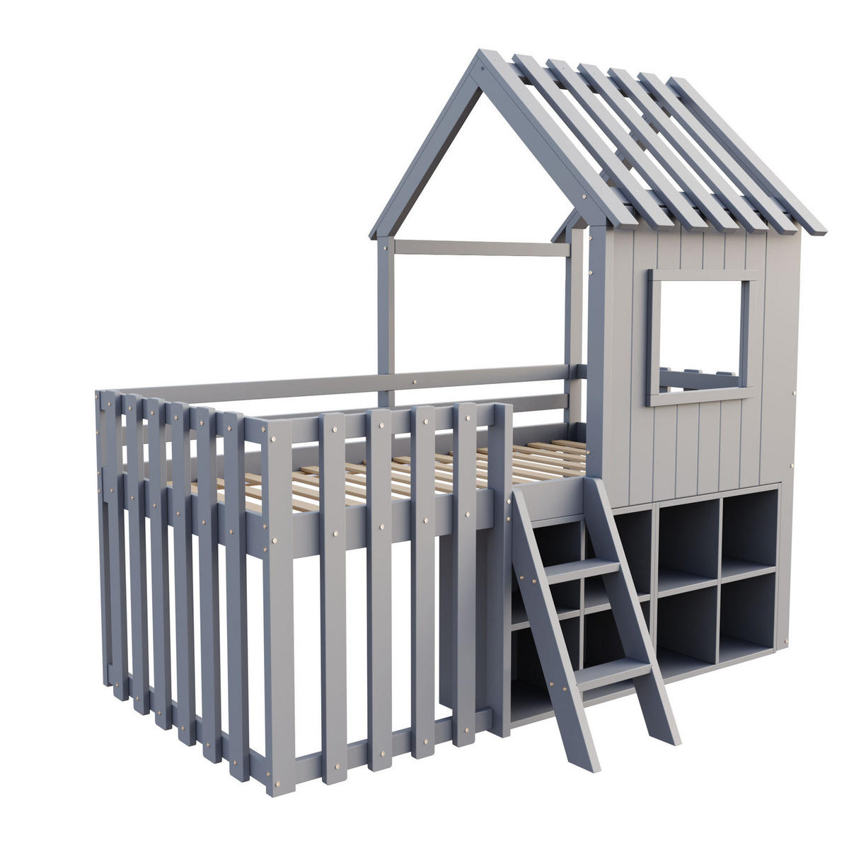 KINDERBETT 90/200 cm aus Massivholz mit Dach und Fenster, Grau - Grau, Holz (90/200cm) - OKMYHOME