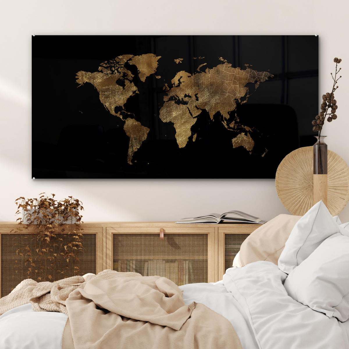 ACRYLGLASBILD Weltkarte - Gold - Luxus - Erde - Schwarz 120x60 cm - Goldfarben, Glas (120/60cm) - MuchoWow