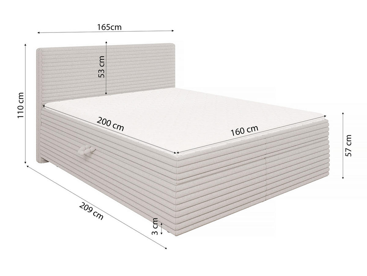 BOXBETT Roma 160/200 cm Hellgrau Plüschcord - Hellgrau/Schwarz, Holz/Kunststoff (160/200cm) - S-Style Möbel