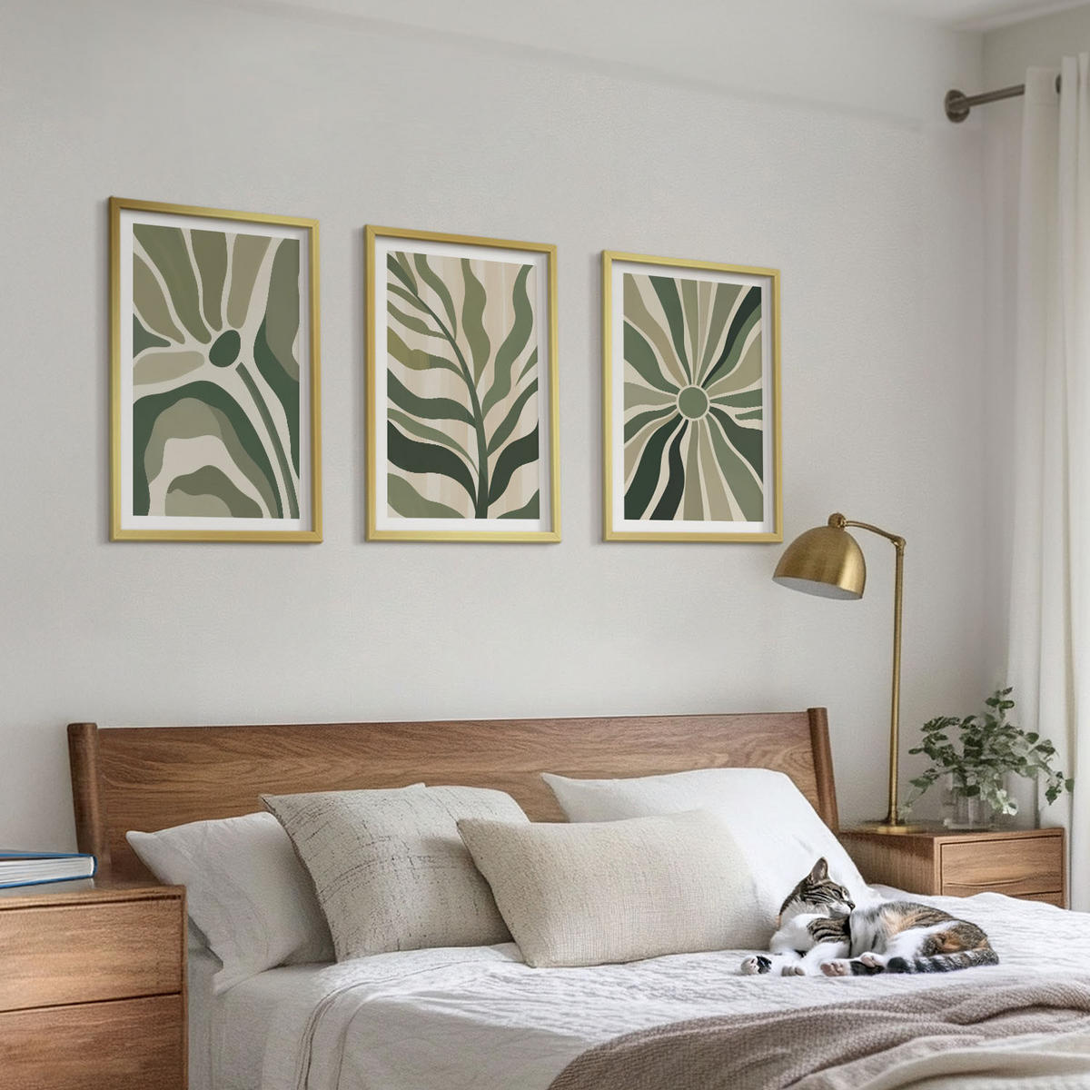 WANDBILDER 3er Set - 40x60 cm Goldrahmen - Grüne und beige Pflanzenmuster - Goldfarben, Kunststoff (40/60cm) - ArtPrintCave