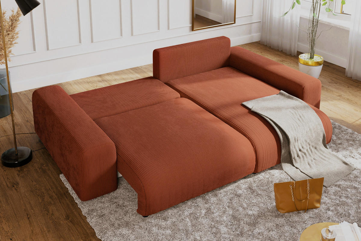 ECKSOFA mit Schlaffunktion, Bettkasten, Wellenunterfederung, seitenverkehrt montierbar B255/T165/H84 cm, Liegefl. 148x196 cm, Cord Terracotta / 21004 - Terracotta/Schwarz, Kunststoff/Textil (255/165cm) - luma-home
