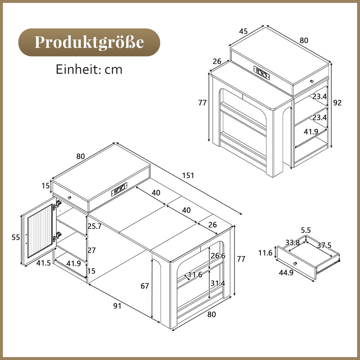 KÜCHENINSEL aus MDF 80x71-151x92 cm Weiß mit Steckdosenleiste - Weiß, Holzwerkstoff (151/92/80cm) - Modfu