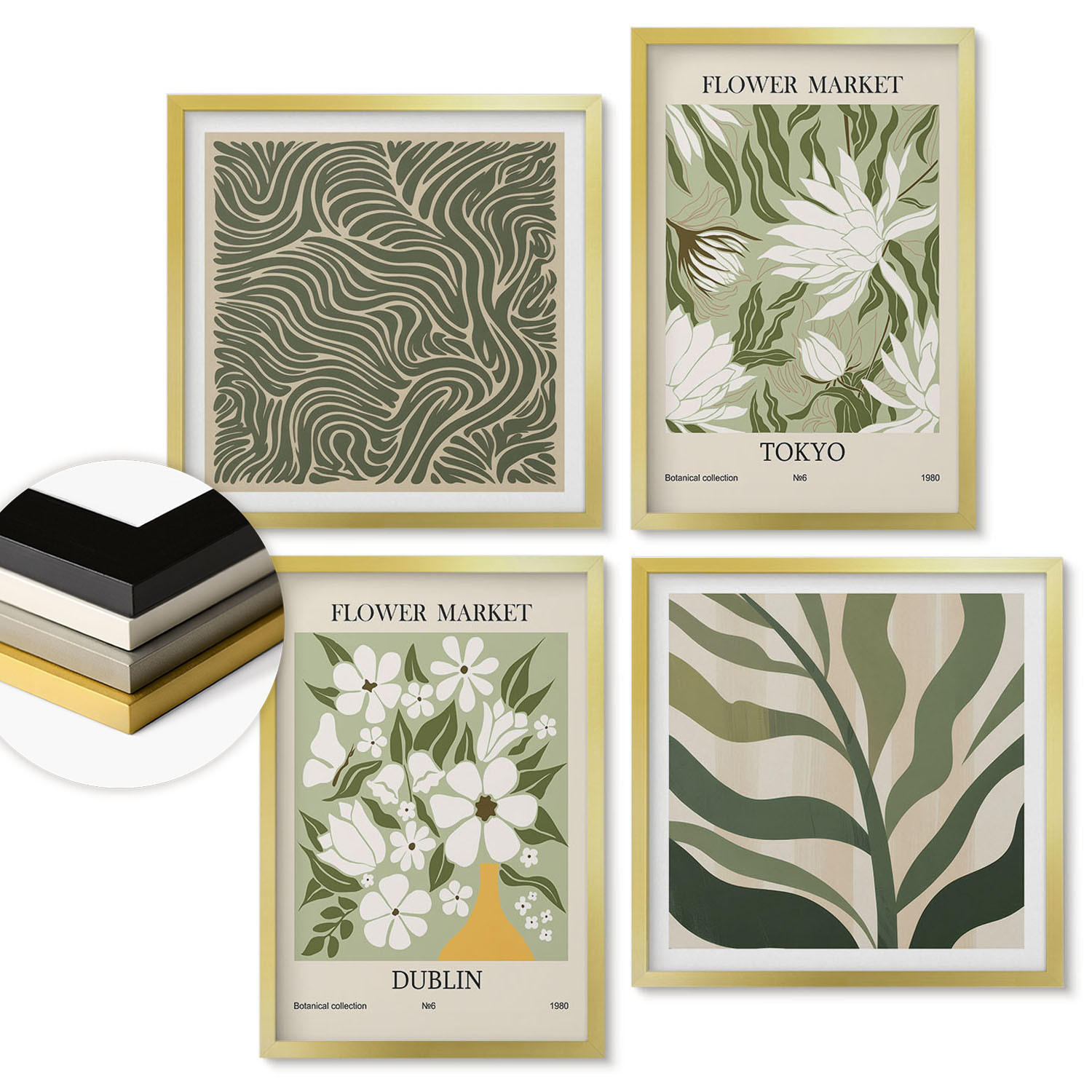 WANDBILDER 4er Set - 50x50 cm & 40x60 cm Goldrahmen - Pflanzenmuster, Boho-Dekorationen - Goldfarben, Kunststoff (50/50cm) - ArtPrintCave