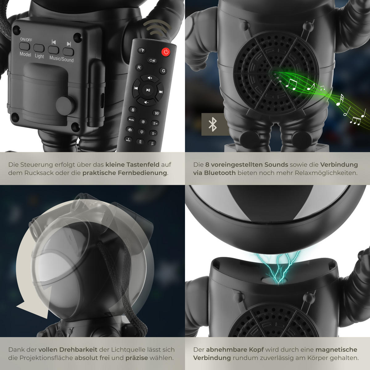 LED-STERNENHIMMEL-PROJEKTOR Astronaut,Bluetooth- und Music-Funktion mit 8 Sounds sowie Timer,schwarz - Schwarz, Kunststoff (11.5/12/23.5cm) - tectake