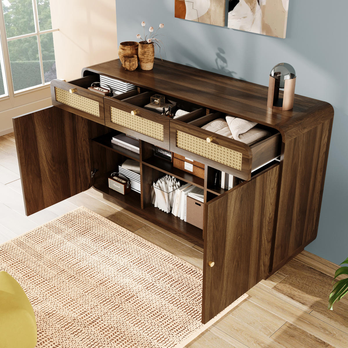 SIDEBOARD Kommode 120/40/85 cm – Rattanfronten, 3 Schubladen, 2 Türen, Nussbaum - Walnussfarben, Holzwerkstoff (120/85/40cm) - Modenvie
