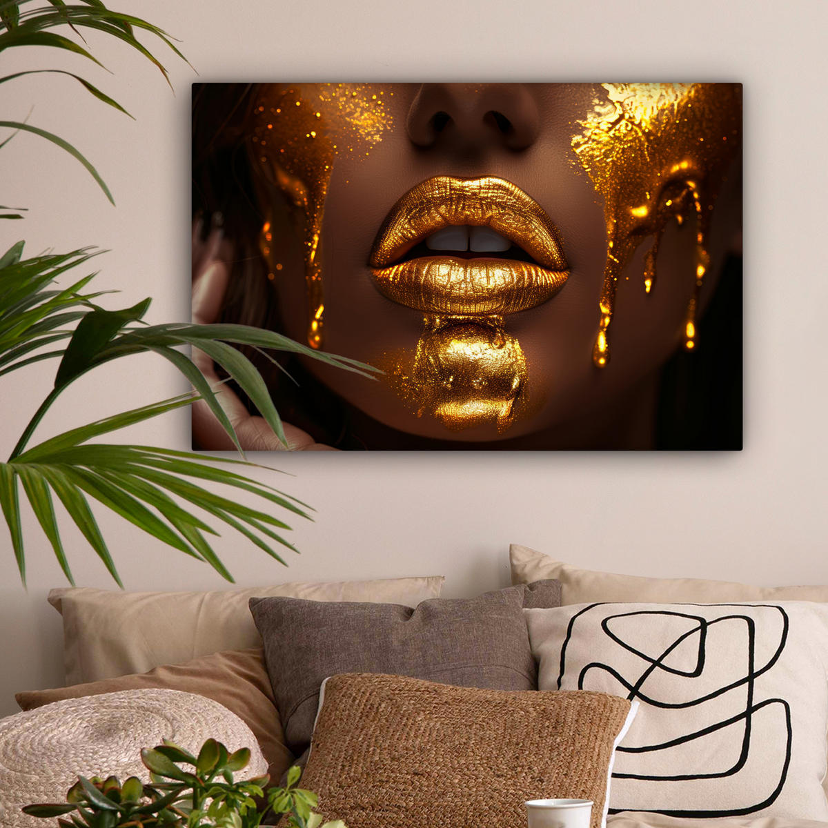 LEINWANDBILD Frau - Gold - Luxus - Porträt 90x60 cm - Goldfarben, Textil (90/60cm) - MuchoWow