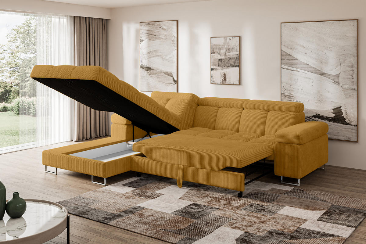 ECKSOFA mit Schlaffunktion Ottomane Links COMA L 271x203x79 Senfgelb Cord - Honig, Holzwerkstoff/Textil (271/203cm) - ALTDECOR