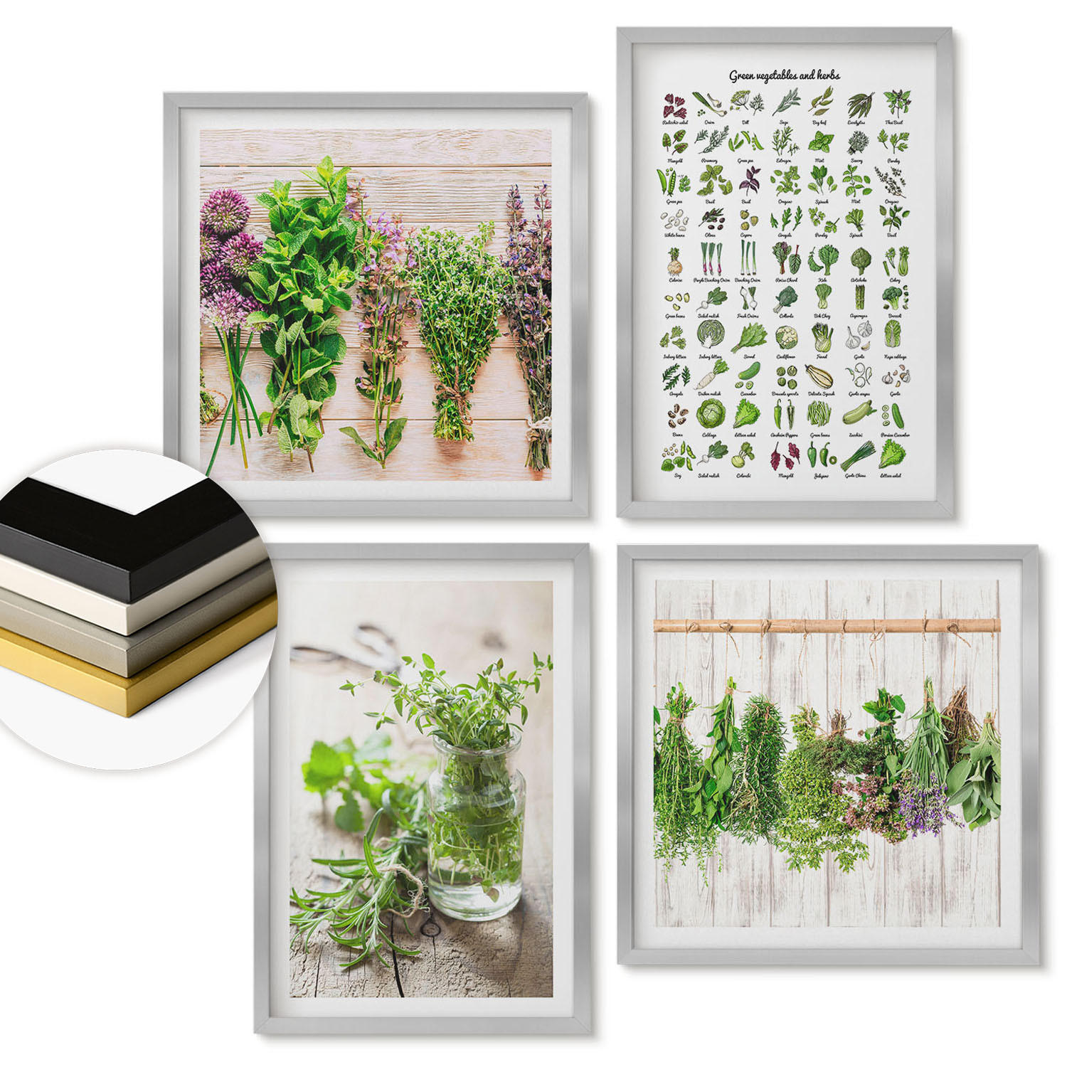 WANDBILDER 4er Set - 50x50 cm & 40x60 cm Silberner Rahmen - Getrocknete Kräuter für die Küche - Silberfarben, Kunststoff (50/50cm) - ArtPrintCave