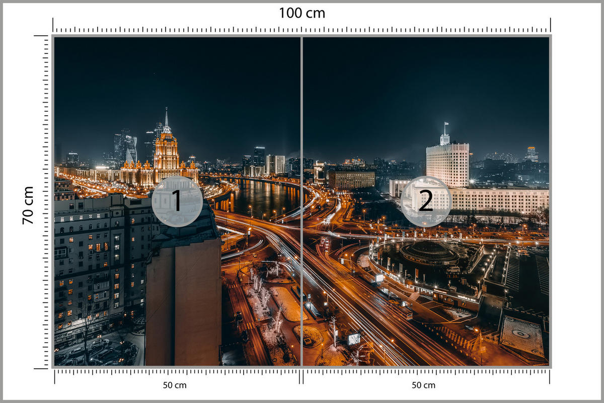 FOTOTAPETE für Wohnzimmer Moskau Nacht Panorama Metropole Straßen 100x70 - Beige/Schwarz, Papier (100/70cm) - Muralo