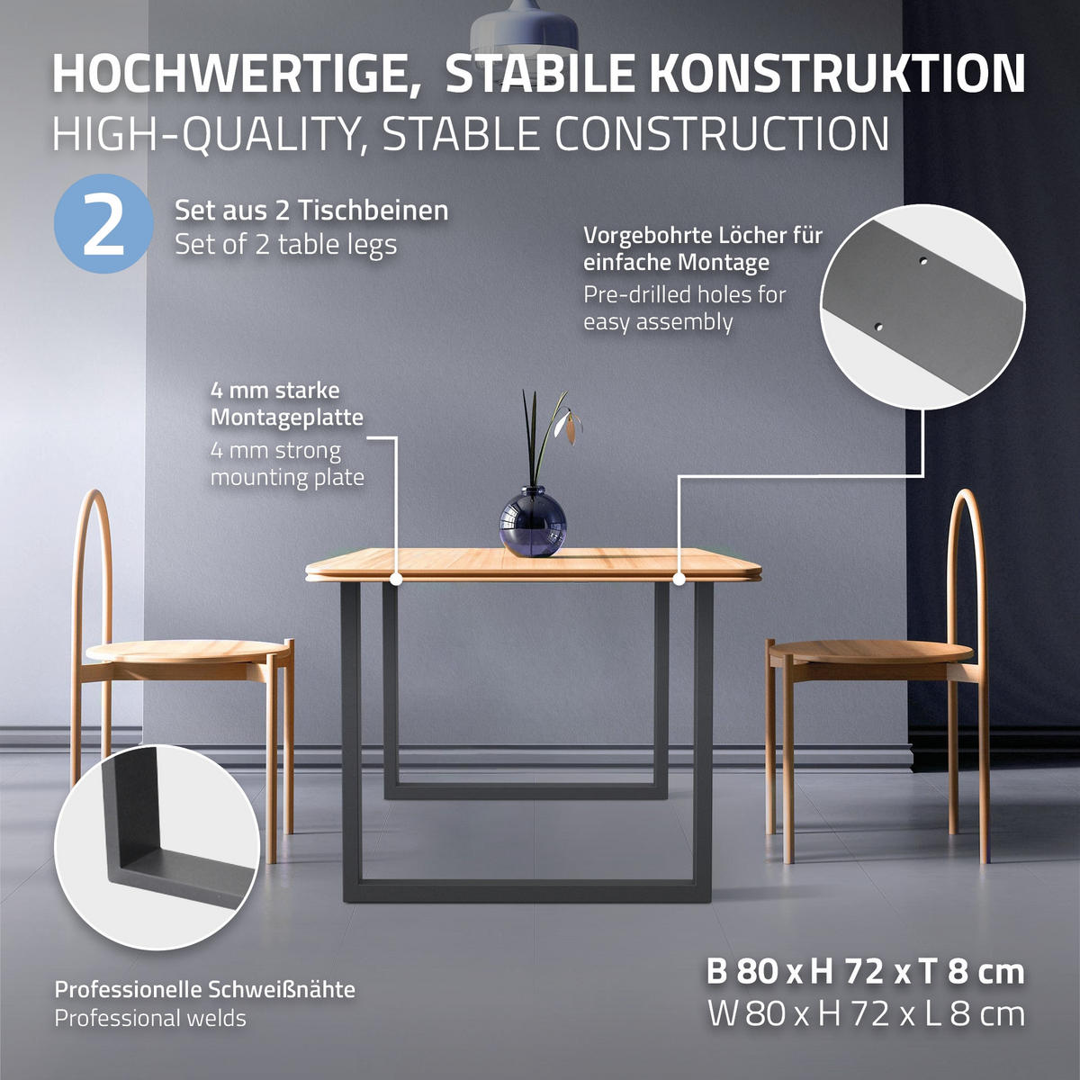 TISCHBEINE 2er Set 80 x 72 cm Anthrazit - Anthrazit, Metall (80/72/8cm) - ECD-Germany