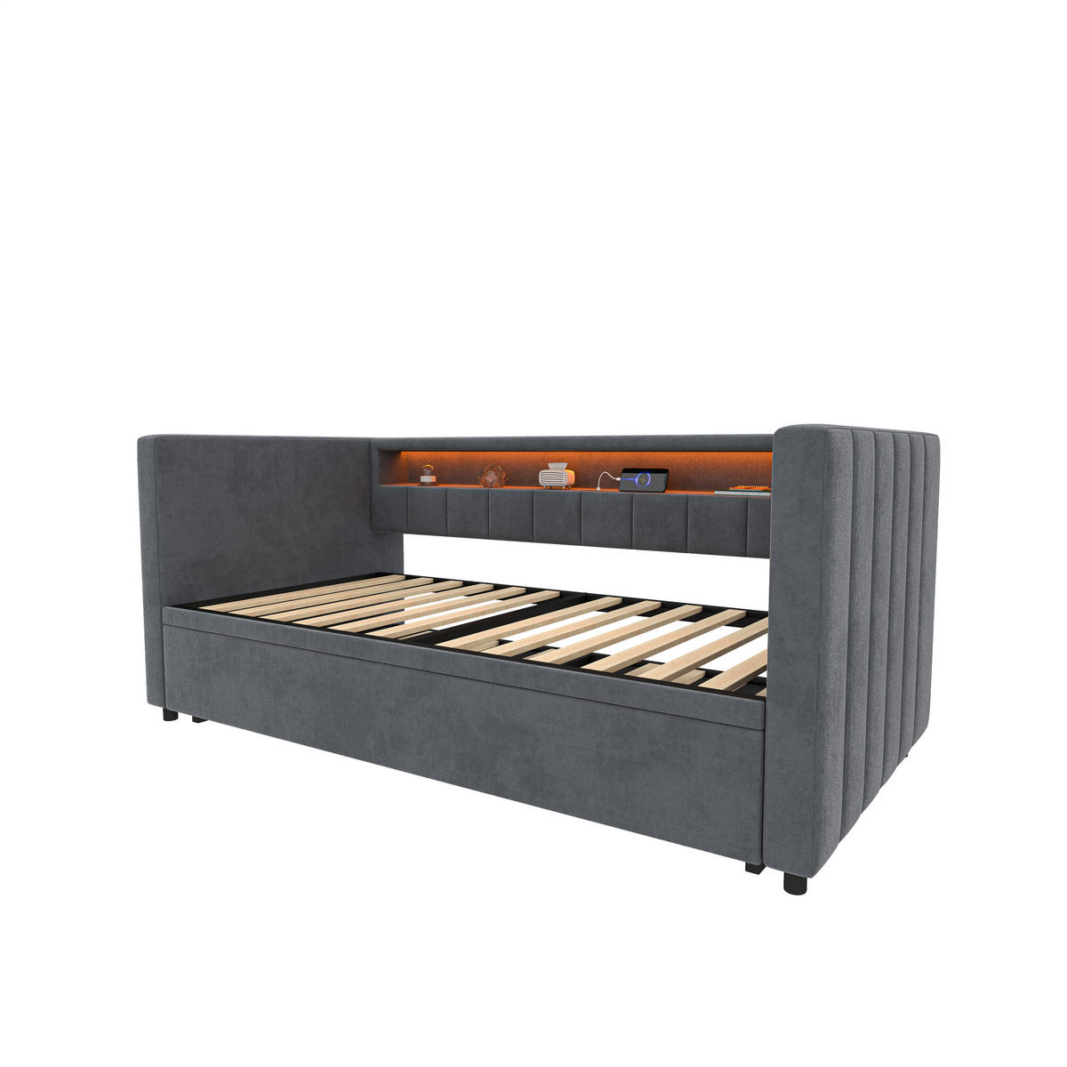 BETT mit Stauraum & Ausziehbett mit USB-C Anschluss und LED-Beleuchtung Beige 196/82-144/85 cm - Dunkelgrau, Textil - OKWISH