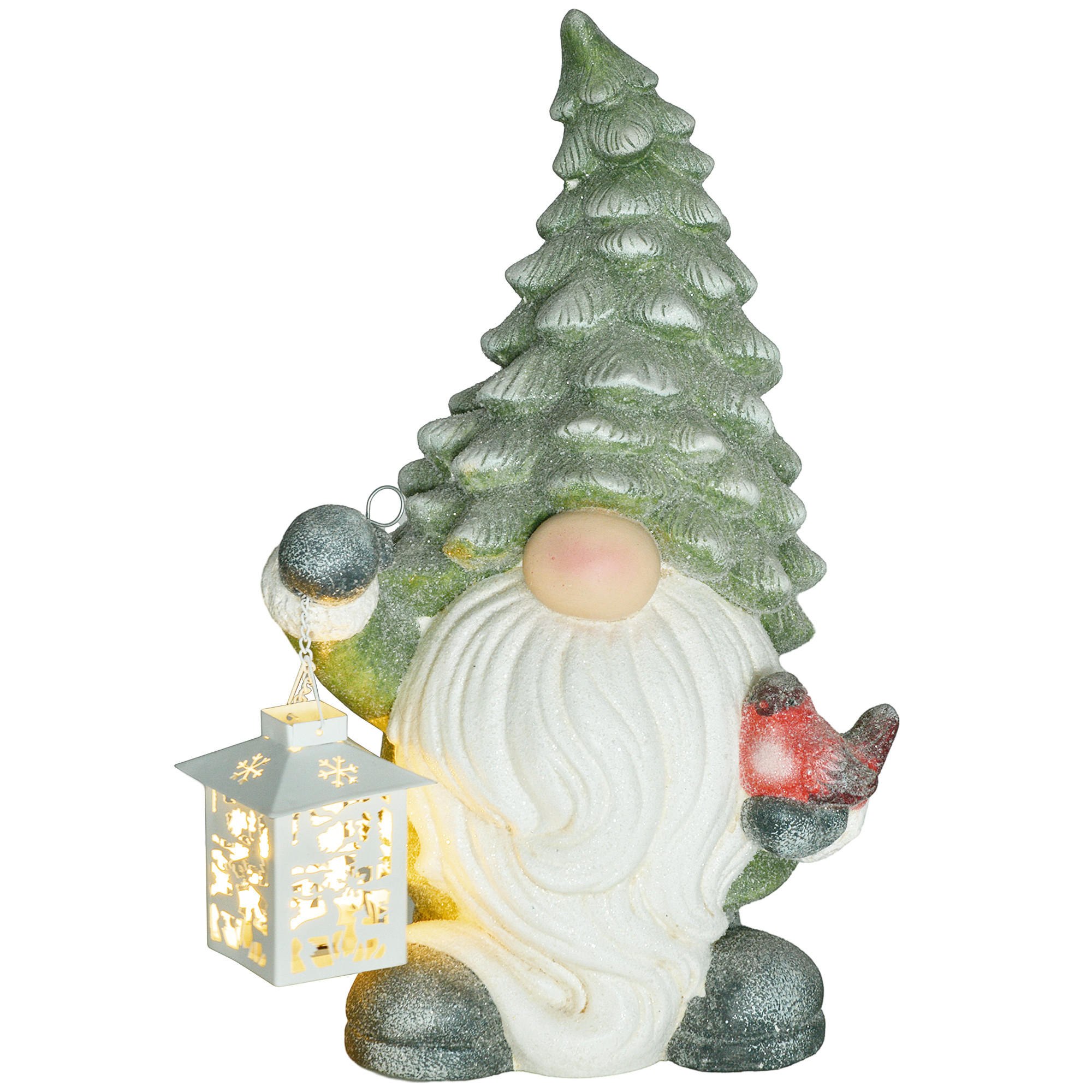 WEIHNACHTSDEKO Figur 42 cm Weihnachtsmann mit Weihnachtsbaum-Mütze und Laterne - Weiß/Grün, Metall (21/42/28cm) - HOMCOM