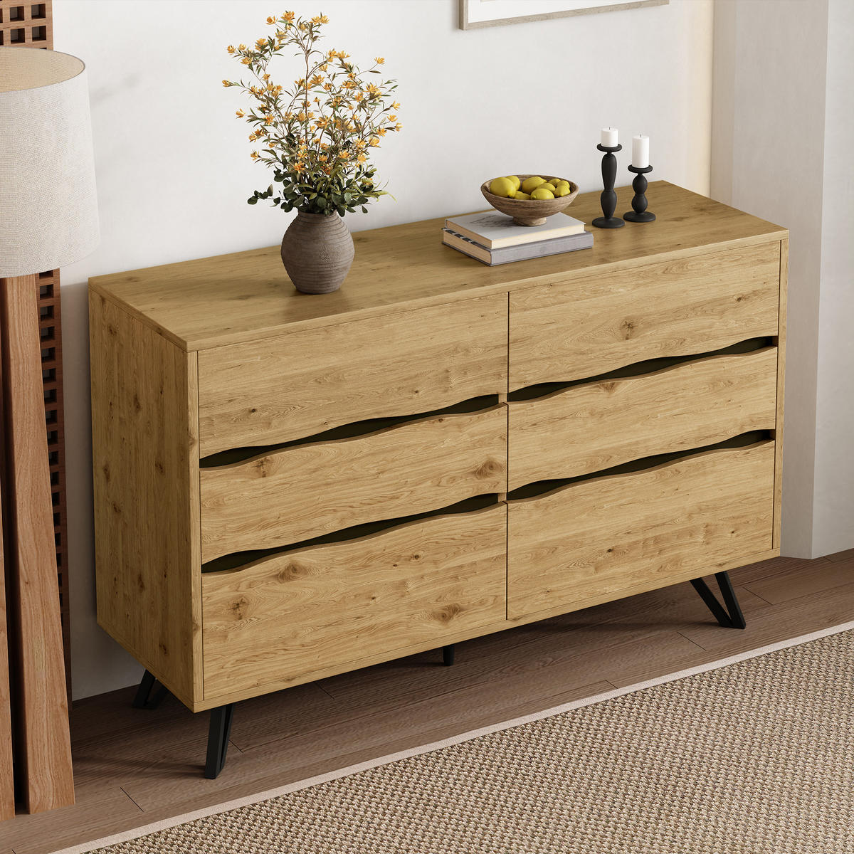 SIDEBOARD mit 6 Schubladen, Holzoptik mit wellenförmigen Fronten und schwarzen Metallfüßen, 120/40/75,5 cm,Naturfarben - Naturfarben, Holzwerkstoff (120/75.5/40cm) - Redom